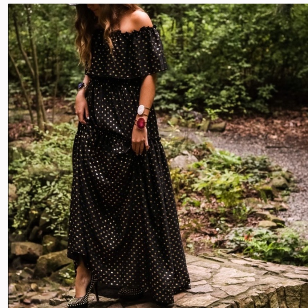 Monique LHuillier maxi dress 2 off shoulder black gold  dots fairy Whims…